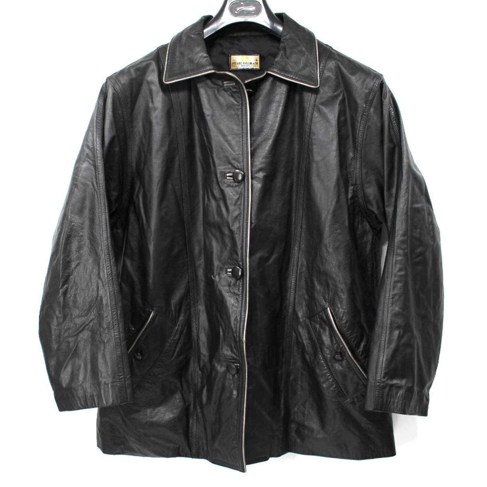 Balmain — Pierre BALMAIN Golden Line Black Leather Button-Up Jacket L Vintage Paris Coat