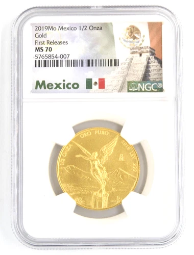 2019 Mexico Mo Mint 1/2 Onza .999 Fine 1/2 Ounce Gold Coin NGC Graded MS70