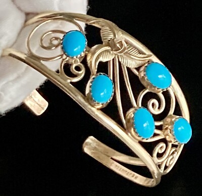12K Gold Filled Turquoise Stones Open Lace Cuff Bracelet Navajo Native American