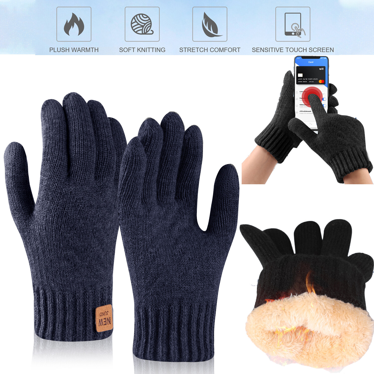 Men's /Women's Winter Warm Gloves Wool Lined Knitted Gloves Touch