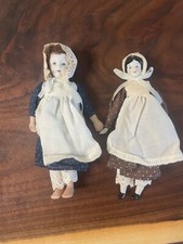 Vtg Dolls Porcelain Head Hands Feet Blue and Brown Dresses White Apron Hat N