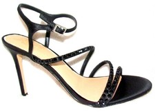 New Jewel Badgley Mischka Marimba Black Satin Crystal Embellished Sandals 7.5 M