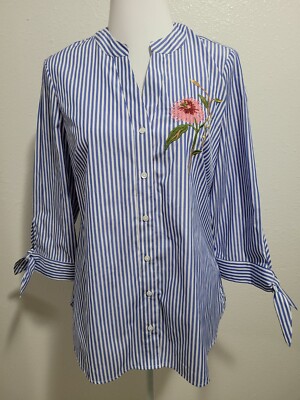 ZAC & RACHEL Women's 3/4 Sleeve Button Down V-Neck Striped Embroidered.Size M