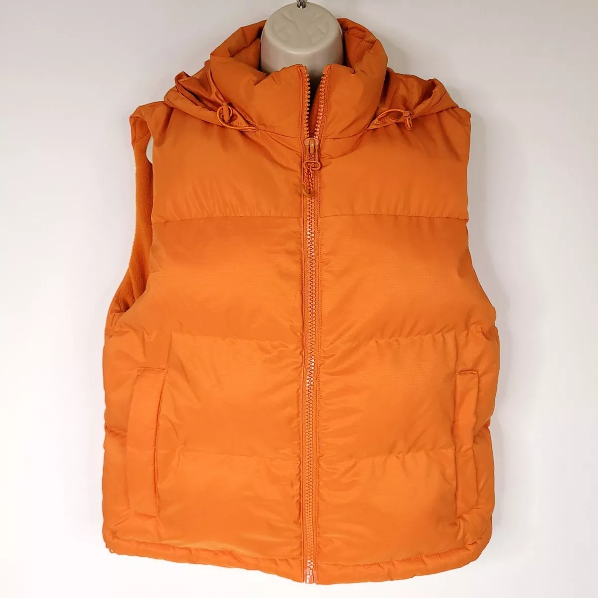 Primark Padded Womens Puffer Vest Medium Orange Padded Gilet Hooded Zip Pockets