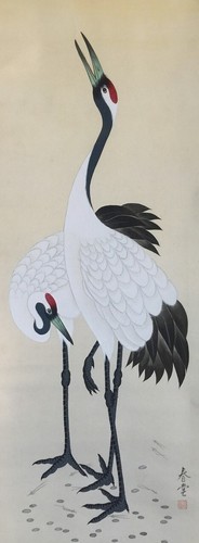 L1920 Japanische Vintage Aufhängbare Scroll Kakejiku Hand Farbe Seide Kran Signé