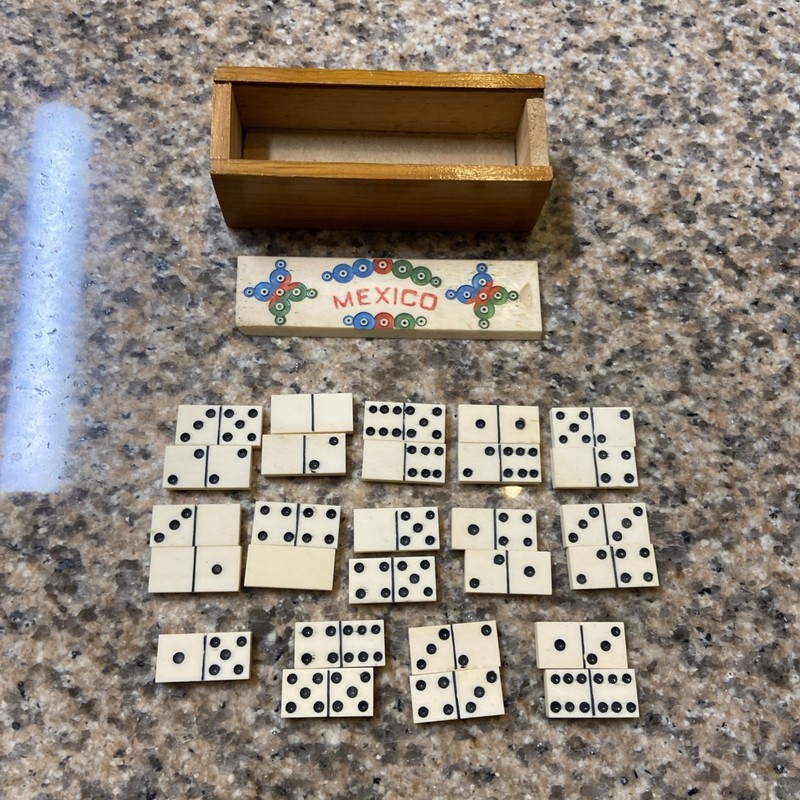 Vintage Dominoes Set With Wooden Case And Sliding Ceramic Lid. From Mexico.