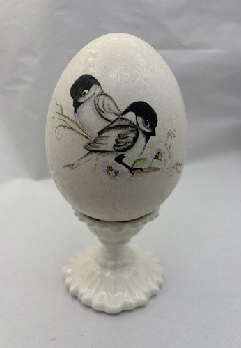Vintage Hand Painted Birds On Egg Easter Ceramic Pedestal Figurine 7" Signed