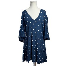 Faithfull The Brand Navy Polka Dot Tiered V-Neck Mini Dress Ruffle Sleeve L Prep