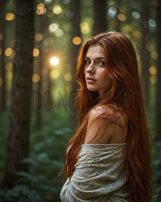 Redhead Woman Enchanted Forest Bokeh Lights Fantasy Art Print