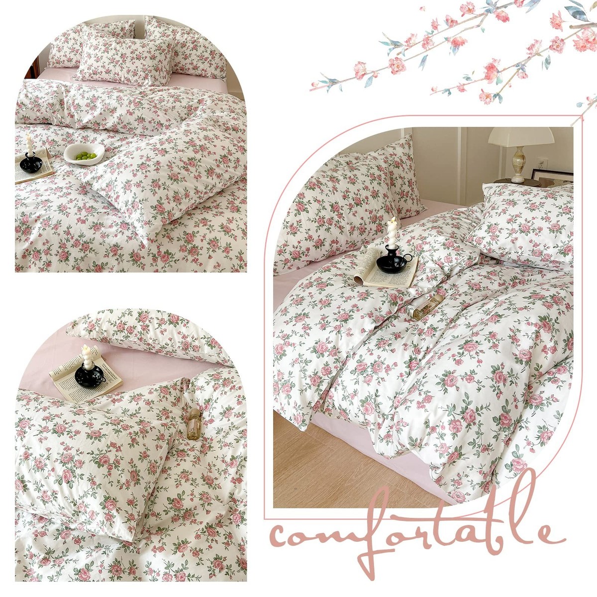 OTOB Twin Duvet Cover Set - Pink Floral, 100% Washed Cotton, 3PC (Duvet Cover + 2 Pillow Shams) - View #8