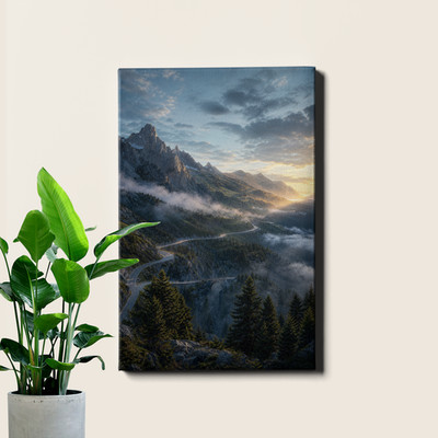Alpine Mountain Road Sunrise Cinematic View Framed Canvas Print 20x30inch