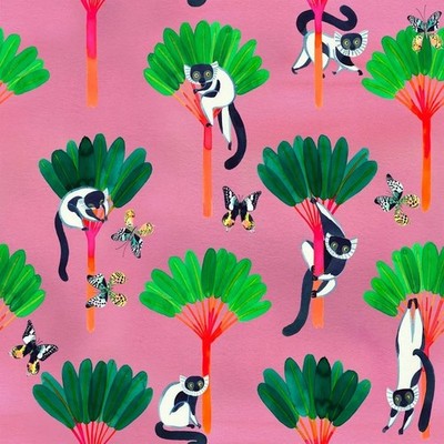 Katy Tanis Fabric Madagascar Adventure Lemur Pink Quilting By the Yard Island