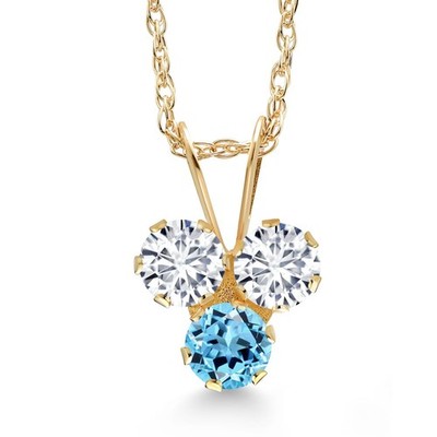 14K Yellow Gold White Lab Grown Diamond and Swiss Blue Topaz 3-Stone Pendant