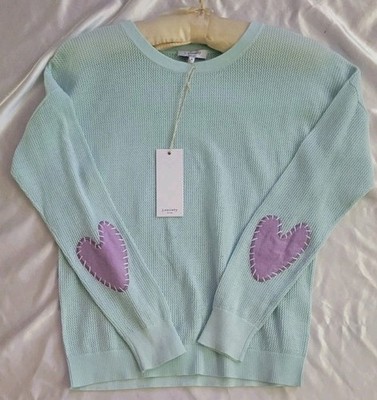 J. Society Seafoam Embroidered Heart Sleeved  Light  Knit, New With Tags, Sz S