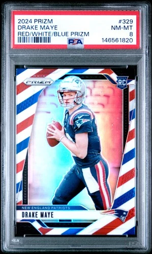 146561820 Drake Maye 2024 Panini Prizm #329 Red White and Blue Rookie RC PSA 8