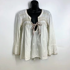Odd Molly I Speak Heart Women's Boho Peasant Front Tie Long Sleeve Top Size L