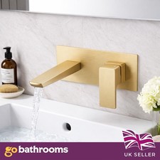 Brushed Gold Wall-Mounted Basin Mixer Tap & Rectangular Plate Modern Sink Tap