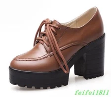Women Faux Leather Casual College Mary Janes Block Heels Lace Up Platform Shoes