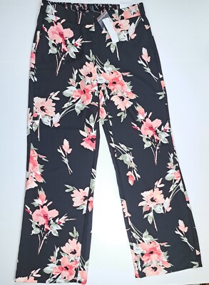 White House Black Market WHBM Floral Rose Black Wide Leg Pants 8R