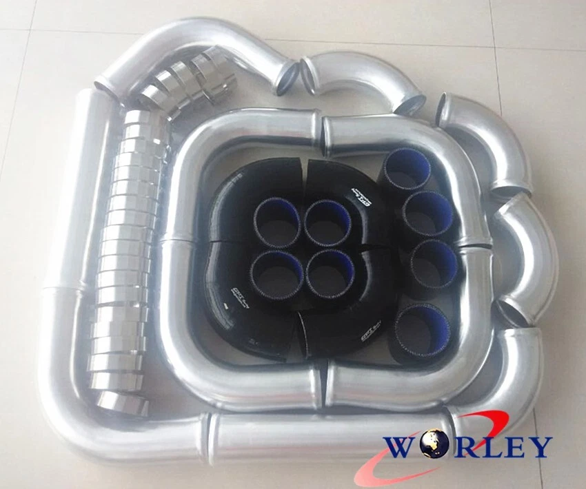 2.5" 64mm Universal Aluminum Intercooler Turbo Pipe piping Kit+Black Hose+Clamp