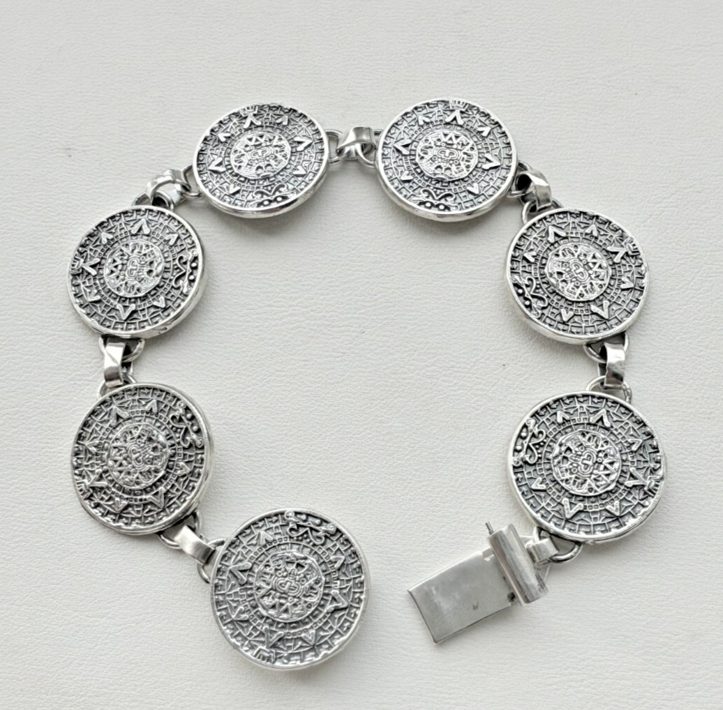 "SUN GOD VINTAGE MEXICAN 925 STERLING SILVER ROUND LINK BRACELET  7\""