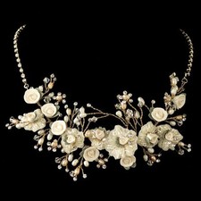 Gold Rum Freshwater Pearl Austrian Crystal Porcelain Rose Bridal Necklace