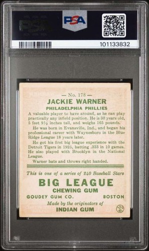 1933 Goudey #178 Jackie Warner PSA 3.5 RC Rookie Phillies (3832) - Picture 2 of 2