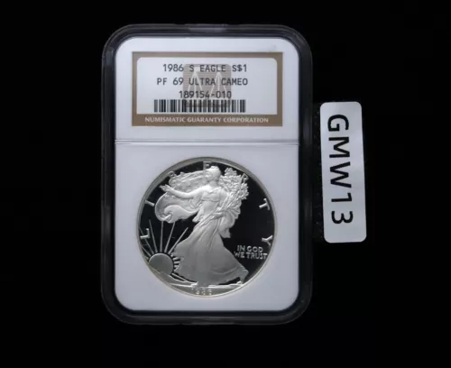 1986 S PROOF SILVER EAGLE NGC PF69 ULTRA CAMEO BROWN LABEL VINTAGE HOLDER