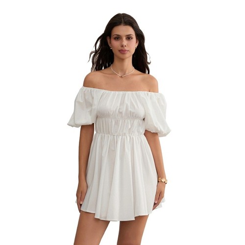 Women Casual Summer Dress Fashion Sexy Solid Color Elegant Short Puff Sleeve Off - Foto 10 di 27