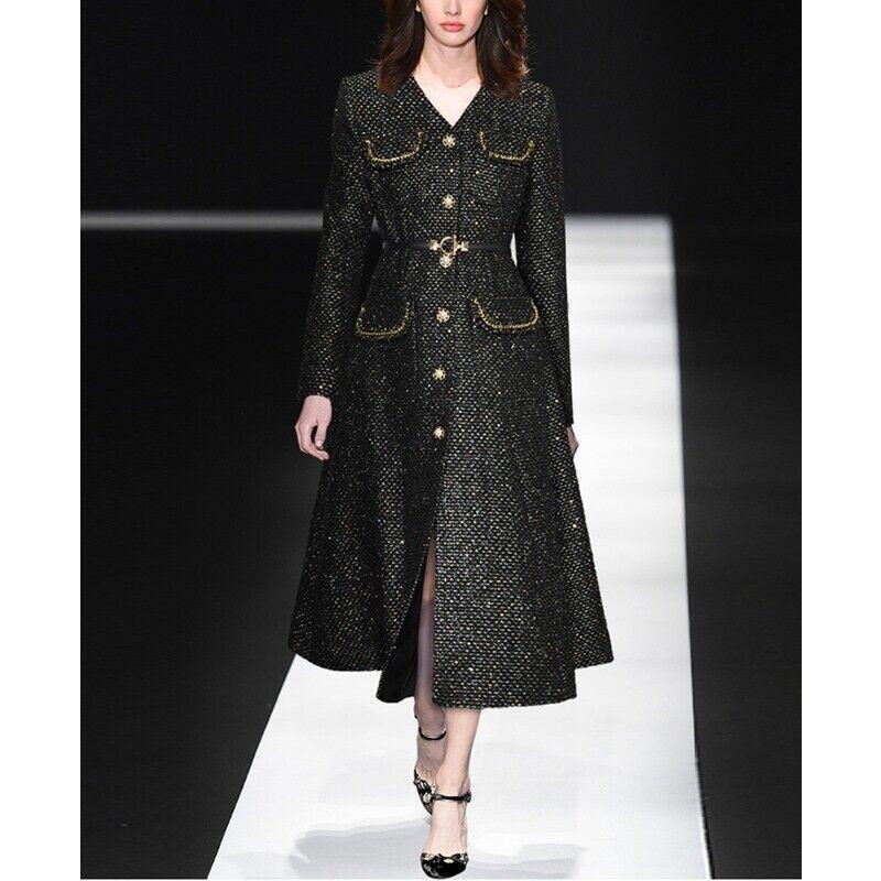 Autumn New Single Breasted Gold Shiny Lace Up Waist Long Coat Windbreaker  Jacket | eBay