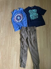 Kids Clothes Lot Of 3 Brown Jogger Pants And Shirts Size 10-12 Outfit Used