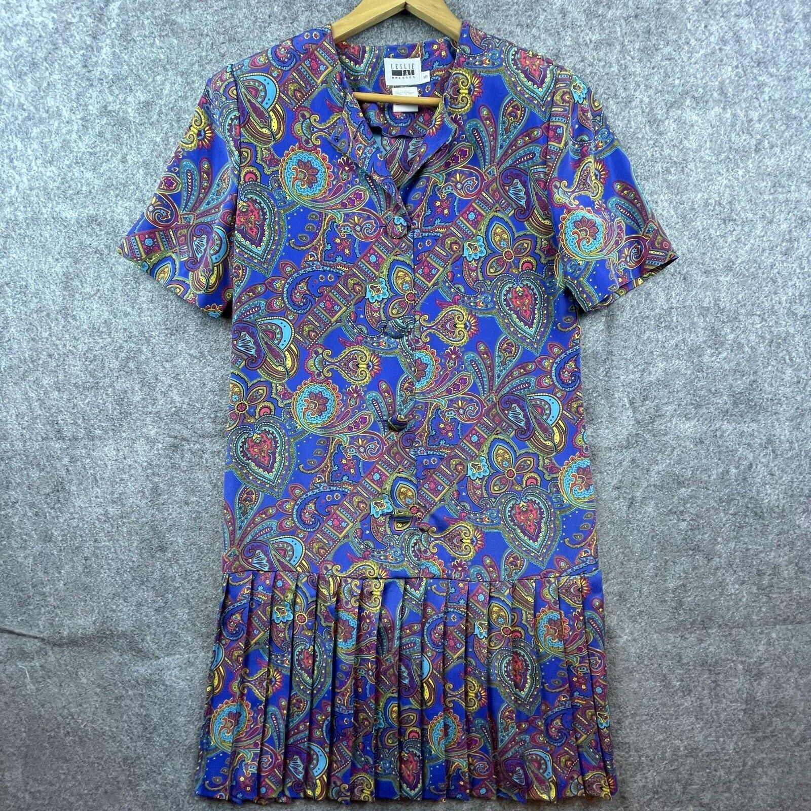 Vintage Leslie Fay Dress 10 Jewel Tones Secretary 80s Pleated Button Front