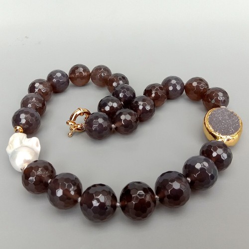 "Collar de perlas drusas conector druso gris ágata natural de 18 mm redondo gris ágata ágata 21" - Imagen 9 de 9