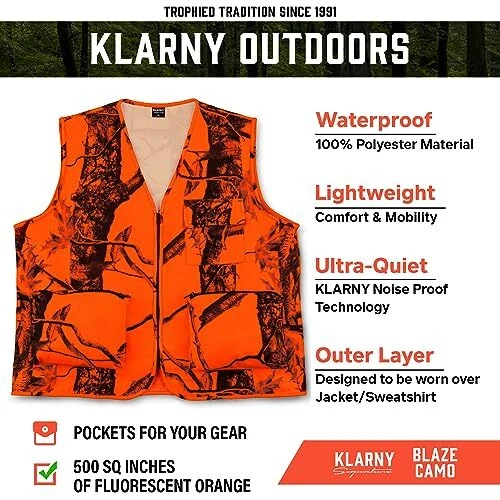 Klarny Outdoors Blaze Orange Camo Deer Hunting Waterproof Safety Vest With Po