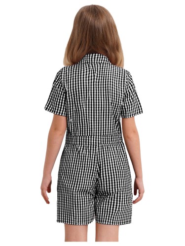 Kids Girls Plaid School Uniform Playsuit Short Sleeve Turn-Down Collar Jumpsuit - Picture 45 of 107