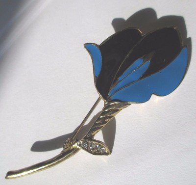 Broche Vintage Années 70 - Fleur Émaillée Bleu Et Noir - Or - Parfait État
