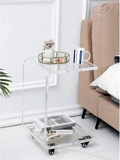 Acrylic Movable Clear Bedside Table C-Shaped End Table Snack Table on Wheels!
