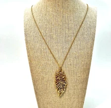 Gold Tone Leaf with Crystals Pendant on 30" Cable Link Chain