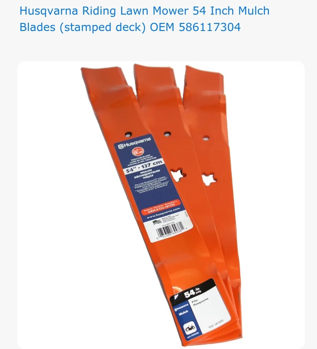 HUSQVARNA 54 High Lift Blade Set of 3 Genuine OEM 586117304 Orange