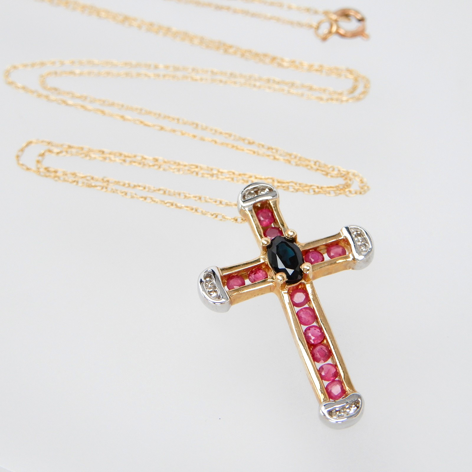 Solid 10K Yellow Gold Ruby Cross Pendant & Chain … - image 4