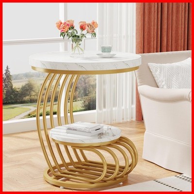 Tribesigns JP-NY097 Gold Round End Table 2 Tiers Faux Marble White Gold