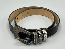 VTG STREETS AHEAD 42" Size Large Black Leather Belt USA Floral Motif Hardware