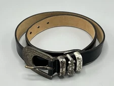 VTG STREETS  AHEAD 42" Size Large Black Leather Belt USA Floral Motif Hardware