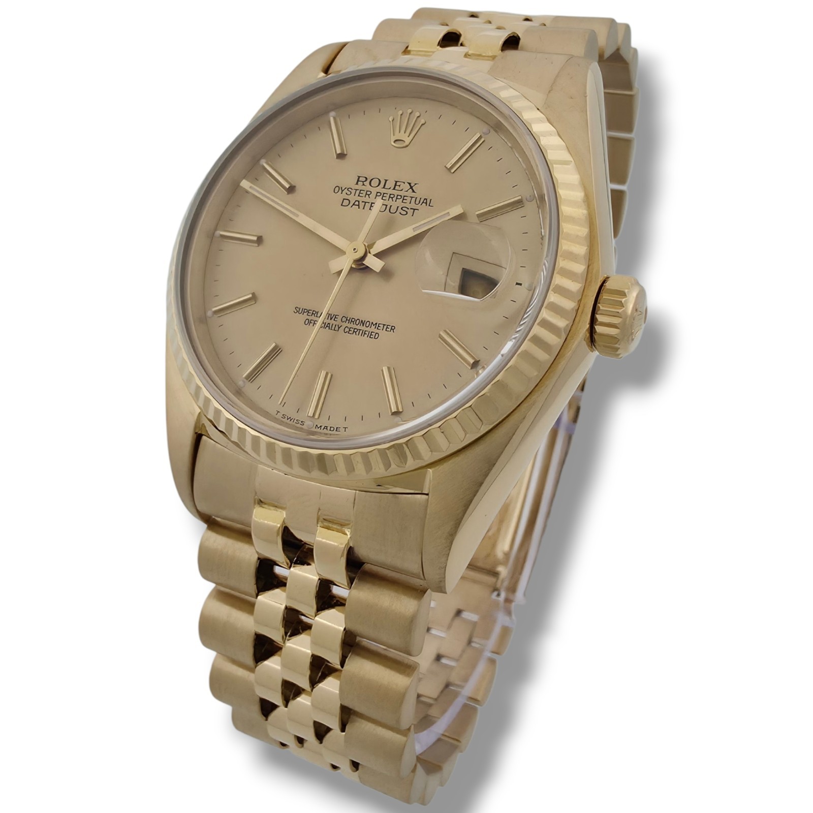 Rolex Datejust 16018 18k Yellow Gold Champagne Dial Jubilee Box & Service Papers