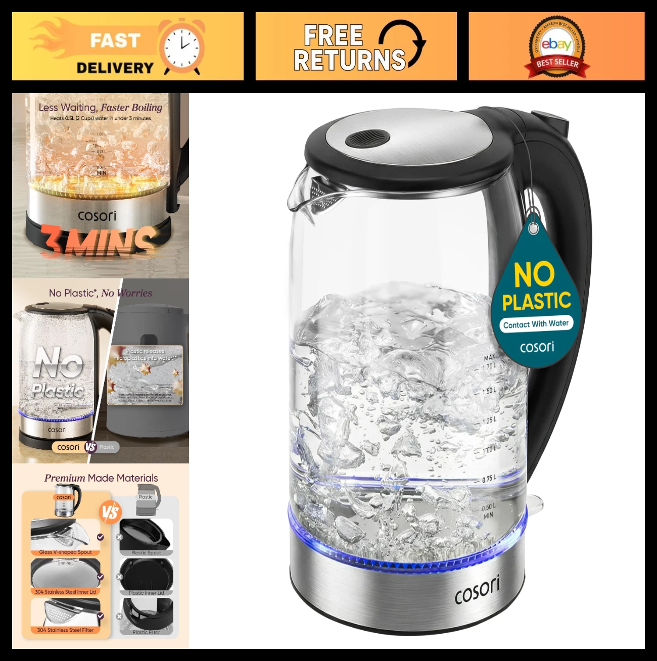 Electric Kettle 1.7L Borosilicate Glass, No Plastic, Auto Shut Off, Easy Clean,