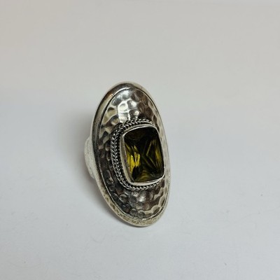 Sarda Bali Sterling 925 Silver Light Green Stone Hammered Ring Sz 7 - .59