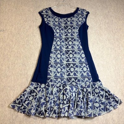 Elana Kattan Dress Womens L Blue Polyamide Drop Waist Mesh Ruffle Coastal Chic