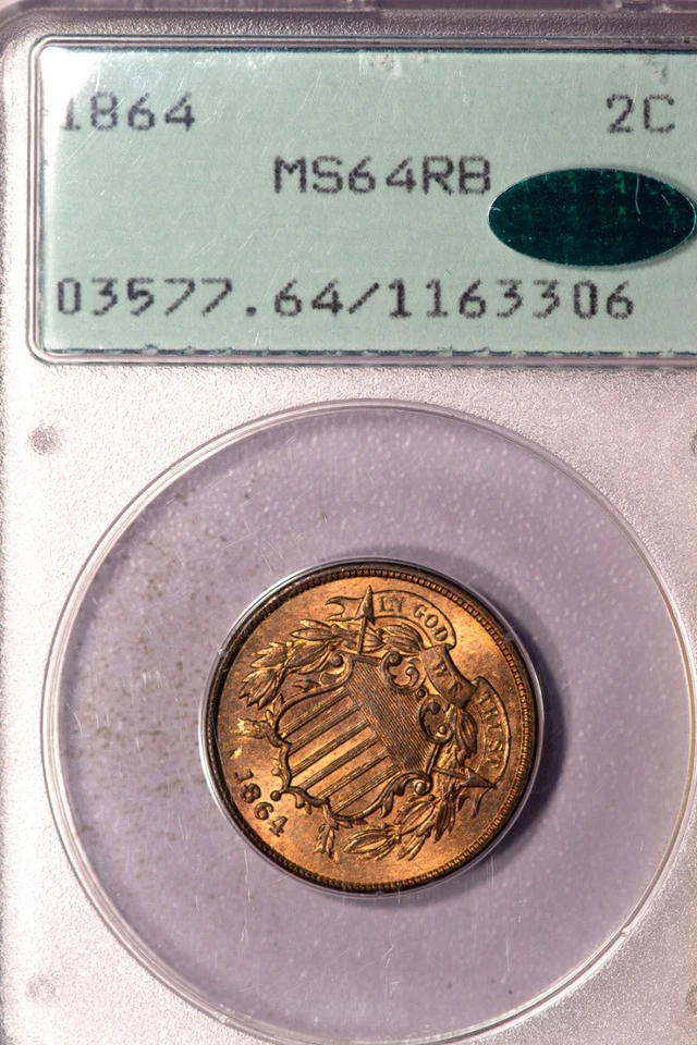 1864 2C Large Motto Two Cent Piece PCGS Rattler MS64RB (CAC) - Image 3 of 3