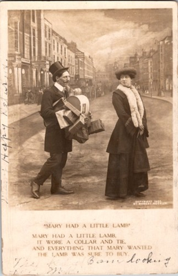 #ad Pre 1907 rppc WOMAN GETS HUSBAND TO CARRY ALL HER SHOPPING PURCHASES j 24 BK0209 C $4.50