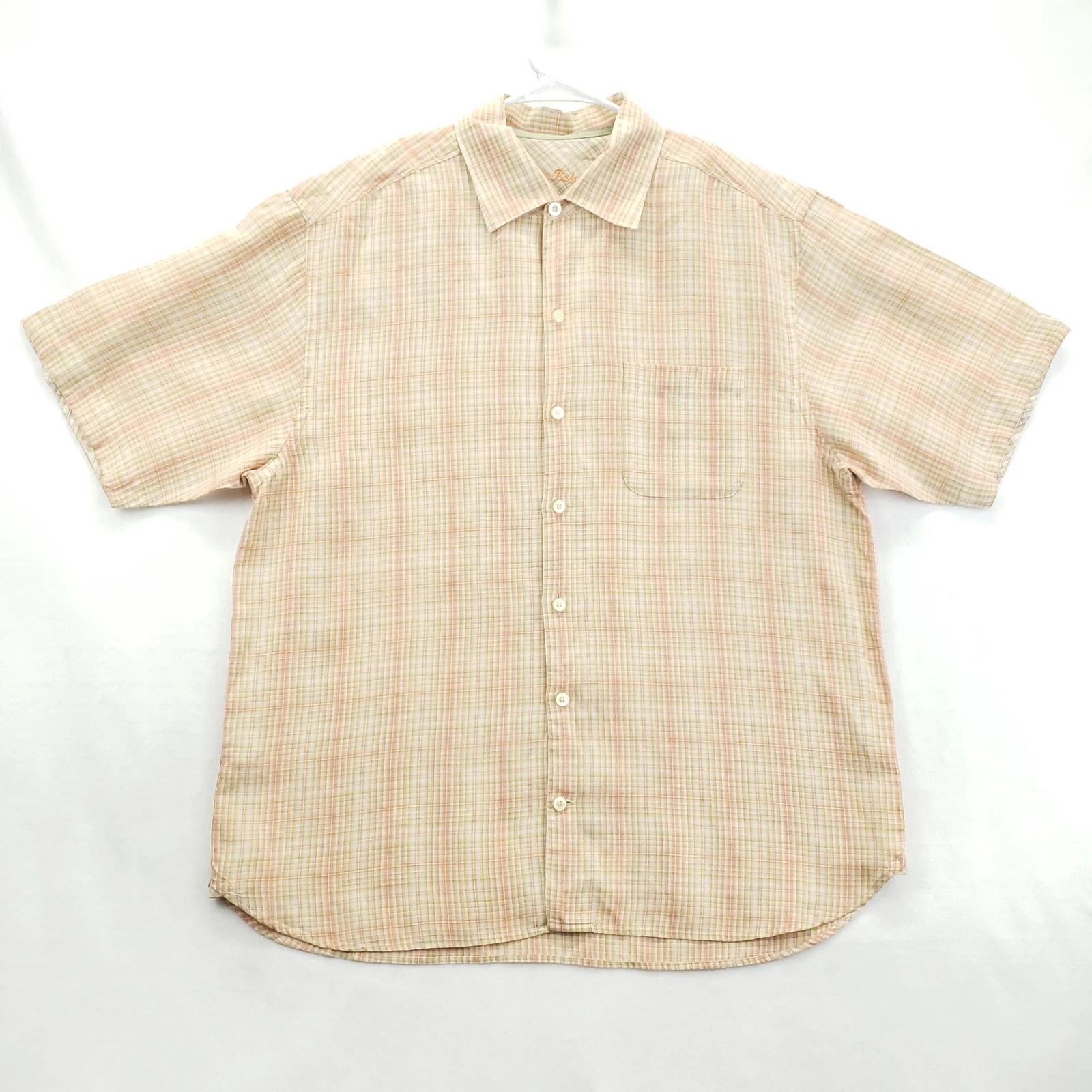 Tommy Bahama Shirt Mens Large Plaid Tencel Linen Short Sleeve Summer Casual